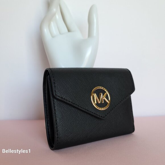 MICHAEL KORS Greenwich Medium Envelope Trifold Saffiano Leather Wallet- Black ⭐ - Picture 3 of 16